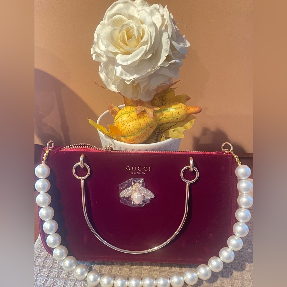 Gucci Red Velvet Clutch with Pearl Chain